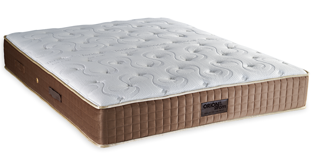 568 Comfort Tencel Cotton Extra Latex Polo Tablet — Angled view: white deeply quilted top and a brown border with vertical stitching. Feel: medium. Orthopaedic mattress.