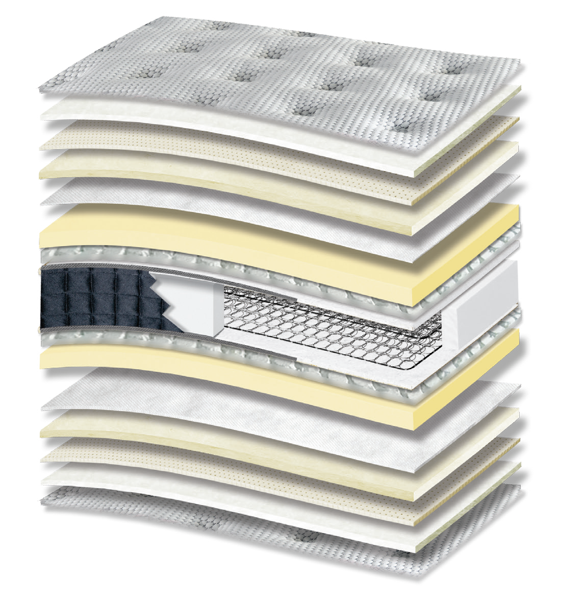 571 Comfort Diamond Cotton Latex Wool Afrolatex Tablet Mini Bonnell: 17-layer cutaway. Materials: cover fabric, cotton wadding, latex, wool wadding, non-woven, Afrolatex, Tablet micro-springs, Kevlar and low-profile Bonnell springs. The illustration includes beige tones. latex for elastic response. The interconnected spring core provides continuous orthopaedic support for the body. Overall feel: medium-soft.