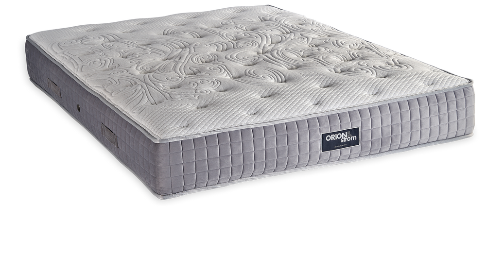 573 Comfort Luxury Cotton Latex Wool Memory Gel Tablet Mini Bonnell — Angled view: white top with wave-shaped stitching and a grey quilted border. Feel: soft. Orthopaedic mattress.