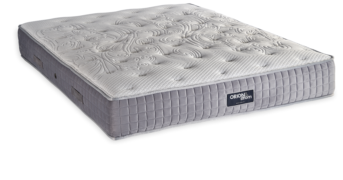 573 Comfort Luxury Cotton Latex Wool Memory Gel Tablet Mini Bonnell — Angled view: white top with wave-shaped stitching and a grey quilted border. Feel: soft. Orthopaedic mattress.