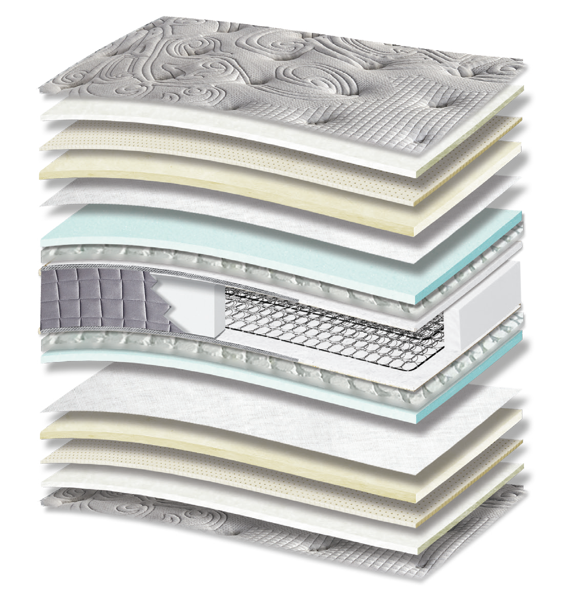 573 Comfort Luxury Cotton Latex Wool Memory Gel Tablet Mini Bonnell: 17-layer cutaway. Materials: cover fabric, cotton wadding, latex, wool wadding, Memory Gel, Tablet micro-springs, Kevlar and low-profile Bonnell springs. The illustration includes beige tones. Memory Gel for body contouring; latex for elastic response. The interconnected spring core provides continuous orthopaedic support for the body. Overall feel: soft.