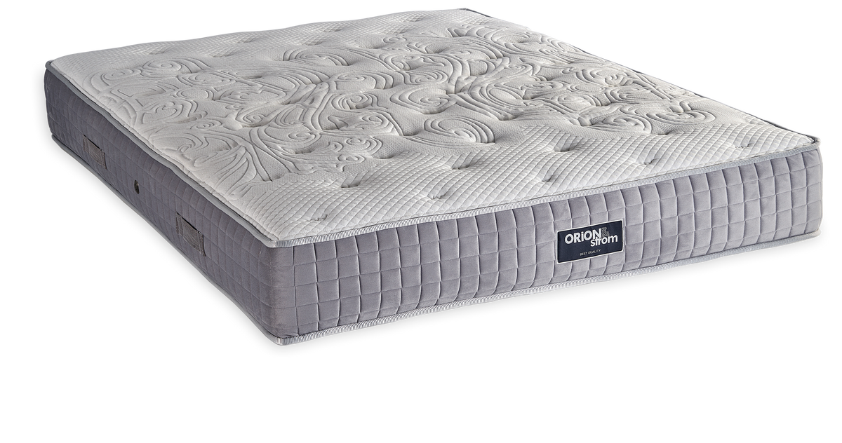 576 Comfort Luxury Cotton Royal Latex Wool Tablet Mini Bonnell — Angled view: white top with wave-shaped stitching and a grey quilted border. Feel: soft. Orthopaedic mattress.