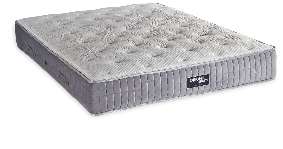 575 Comfort Luxury Cotton Royal Latex Wool Mini Bonnell — Angled view: white top with wave-shaped stitching and a grey quilted border. Feel: medium. Orthopaedic mattress.