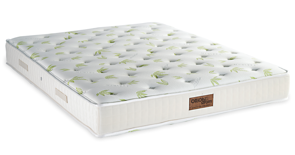 612 Comfort Aloe Vera Hyper Soft Special Pocket — Πλάγια όψη: λευκή καπιτονέ επιφάνεια με πράσινα φυτικά μοτίβα και ανοιχτόχρωμη πλαϊνή φάσα. Αίσθηση: πολύ μαλακή. Ανατομικό στρώμα.