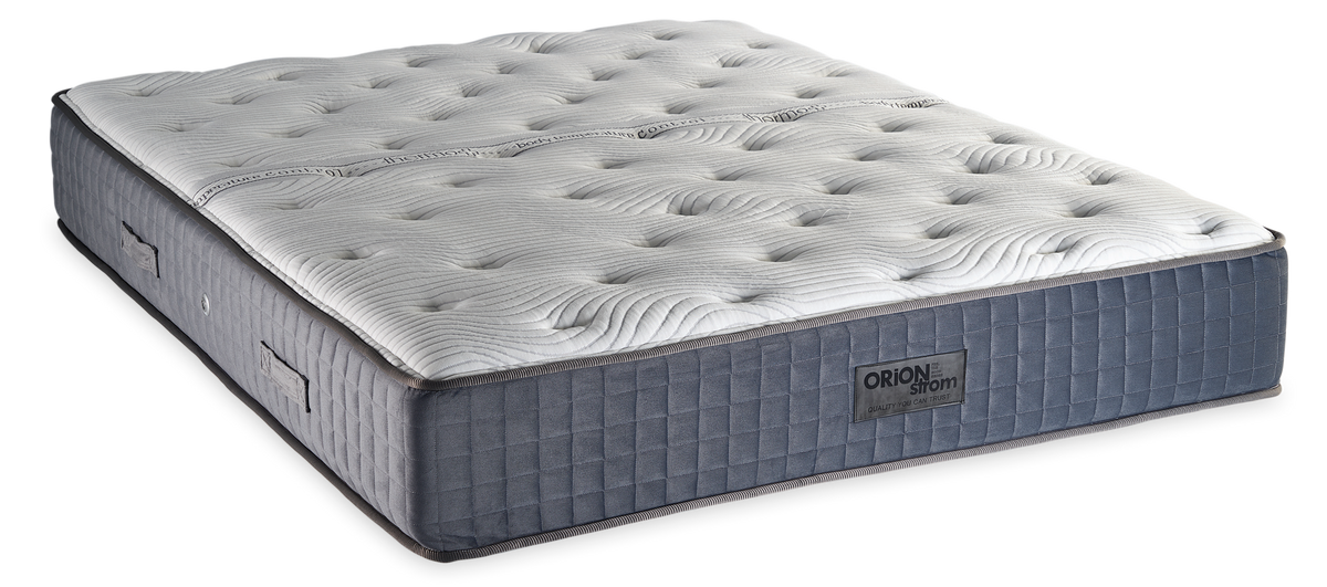 635 Comfort Bio Thermo Cotton Cool Max Hyper Soft HR Orion Zone Pocket — Angled view: white textured quilting and a grey fabric border with vertical stitching. Feel: medium-firm. Anatomical mattress.