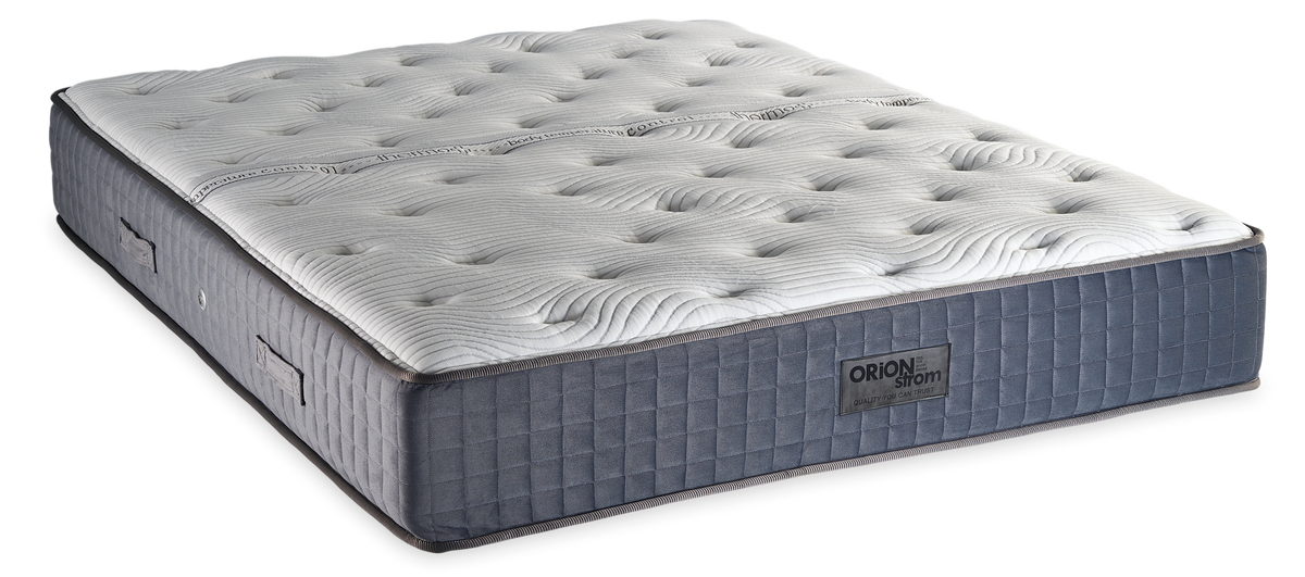 637 Comfort Bio Thermo Cotton Cool Max Hyper Soft Extra Memory Gel Orion Zone Pocket — Πλάγια όψη: λευκή ανάγλυφη καπιτονέ επιφάνεια και γκρι πλαϊνό ύφασμα με κάθετες ραφές. Αίσθηση: μέτρια προς μαλακή. Ανατομικό στρώμα.