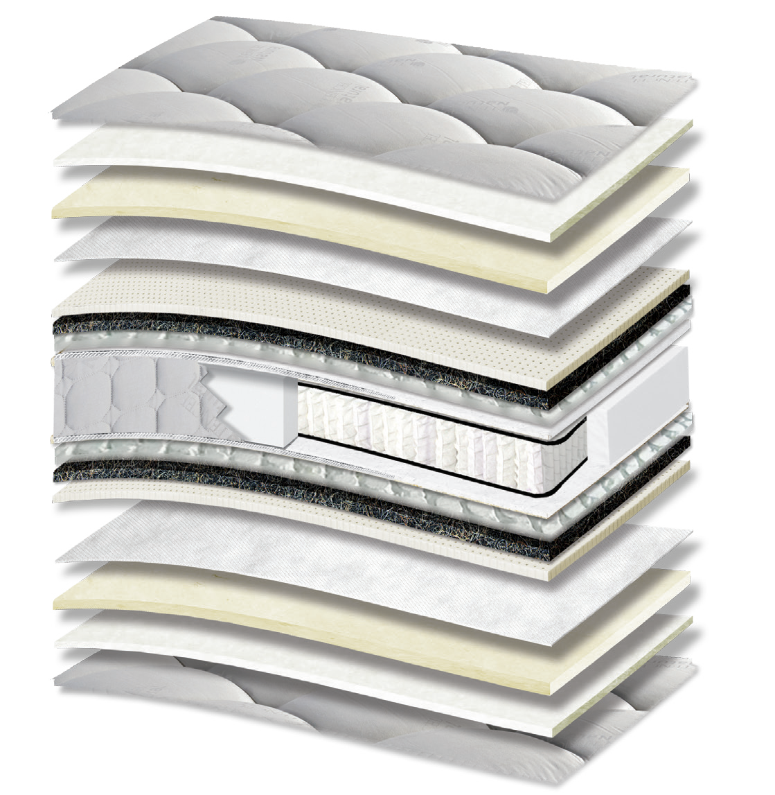 859 Filoxenia Nature Tencel Cotton Extra Latex Wool Polo Tablet Pocket Handmade: 20-layer cutaway. Materials: cover fabric, cotton wadding, latex, wool wadding, non-woven, horsehair felt, Tablet micro-springs, Kevlar and individually wrapped pocket springs. The illustration includes beige tones. latex for elastic response. The individually wrapped springs provide anatomical support, following body contours. Overall feel: medium.