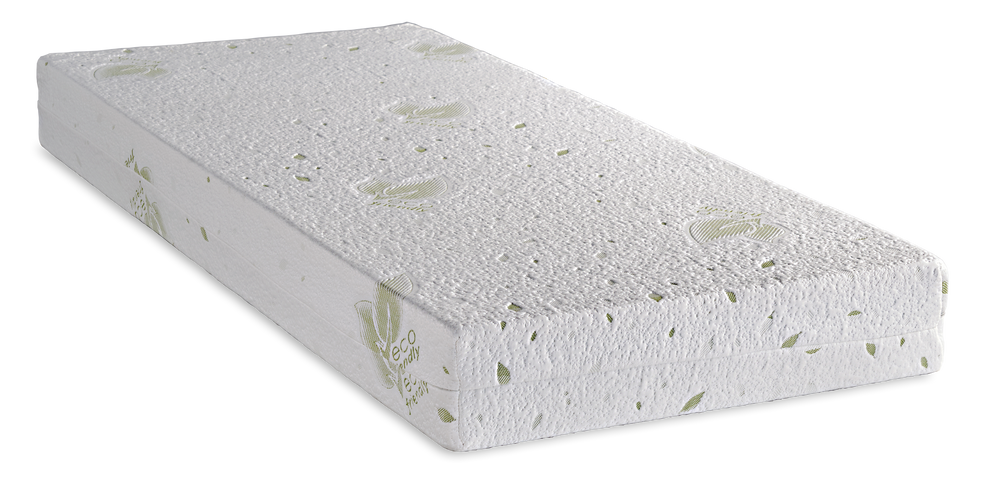 674 Comfort Eco Foam 300 — Πλάγια όψη: λευκό κάλυμμα με διακριτικά πράσινα μοτίβα και περιμετρική ραφή. Αίσθηση: μέτρια. Ανατομικό στρώμα.