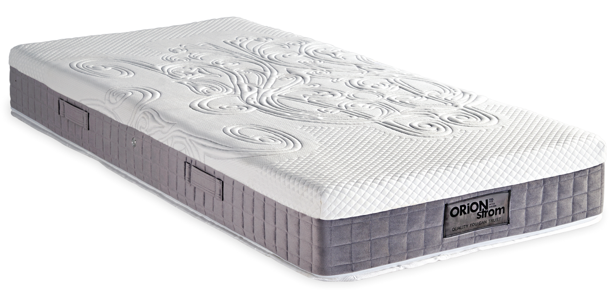 675 Comfort Luxury Memory Gel Foam 3500 — Πλάγια όψη: λευκή ανάγλυφη καπιτονέ επιφάνεια και γκρι πλαϊνό ύφασμα με κάθετες ραφές. Αίσθηση: μαλακή. Ανατομικό στρώμα.