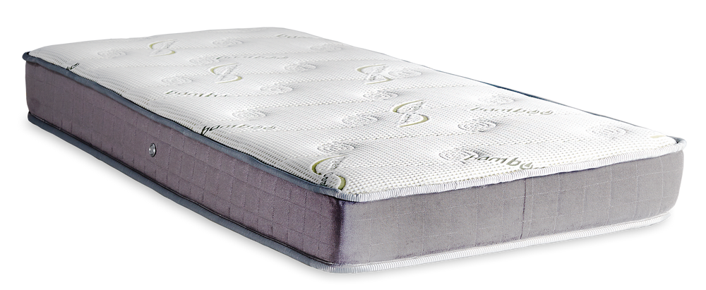 681 Comfort Bamboo Cotton Foam Baby — Πλάγια όψη: ανοιχτόχρωμο ύφασμα με διακριτικά πράσινα μοτίβα και γκρι-λιλά πλαϊνή φάσα. Αίσθηση: μέτρια.
