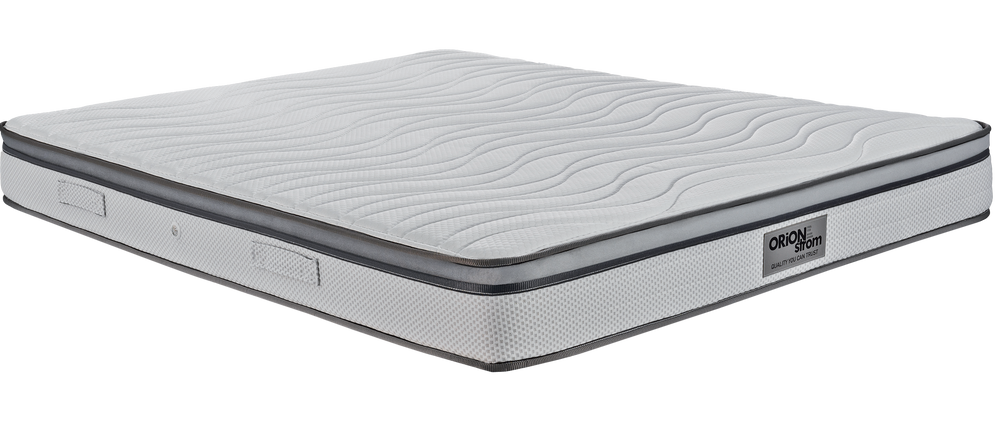 EN35 WHITE PLUS PILLOWTOP POCKET — Angled view: white top with wave-shaped stitching and a narrow dark trim. Feel: medium-firm. Anatomical mattress.