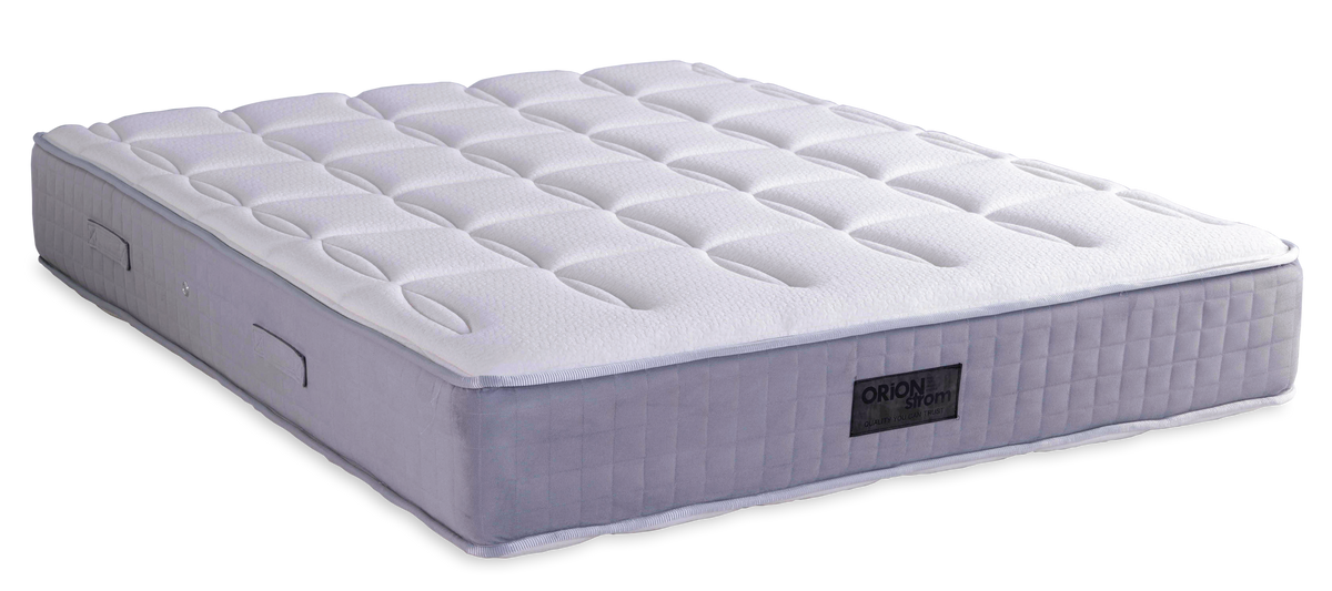 7006 Filoxenia Energy Memory Plus High Pocket — Angled view: white quilted surface and a grey border with finished edges. Feel: soft. Anatomical mattress.