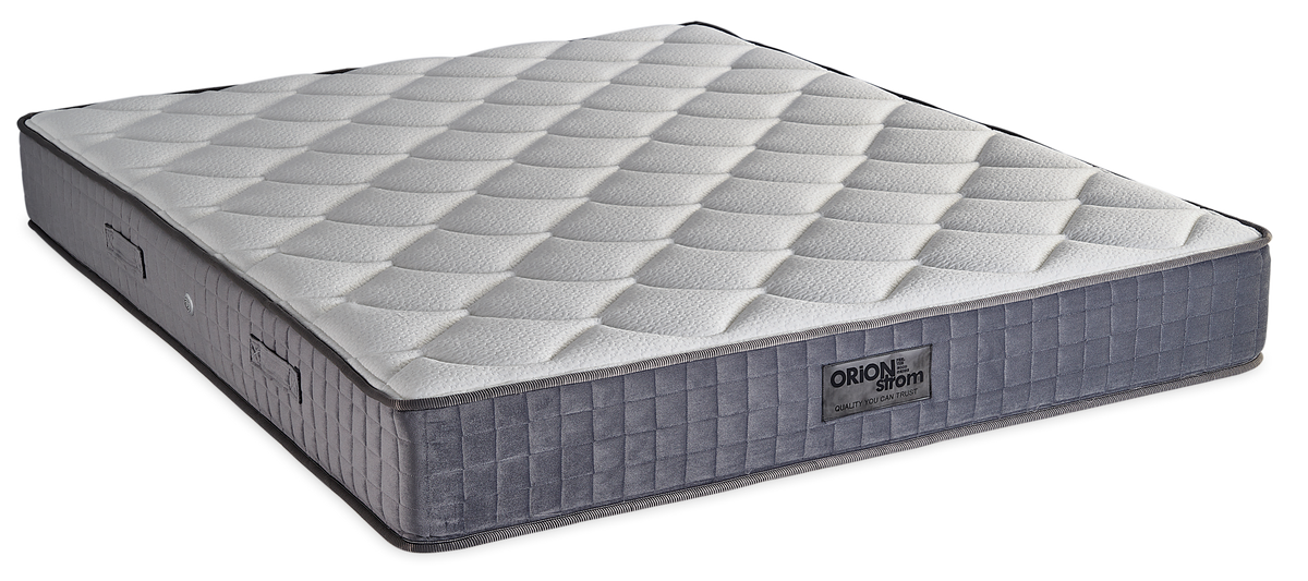 703 Filoxenia Energy Special Plus — Angled view: white geometric quilting and a grey border with vertical stitching. Feel: medium-firm. Orthopaedic mattress.