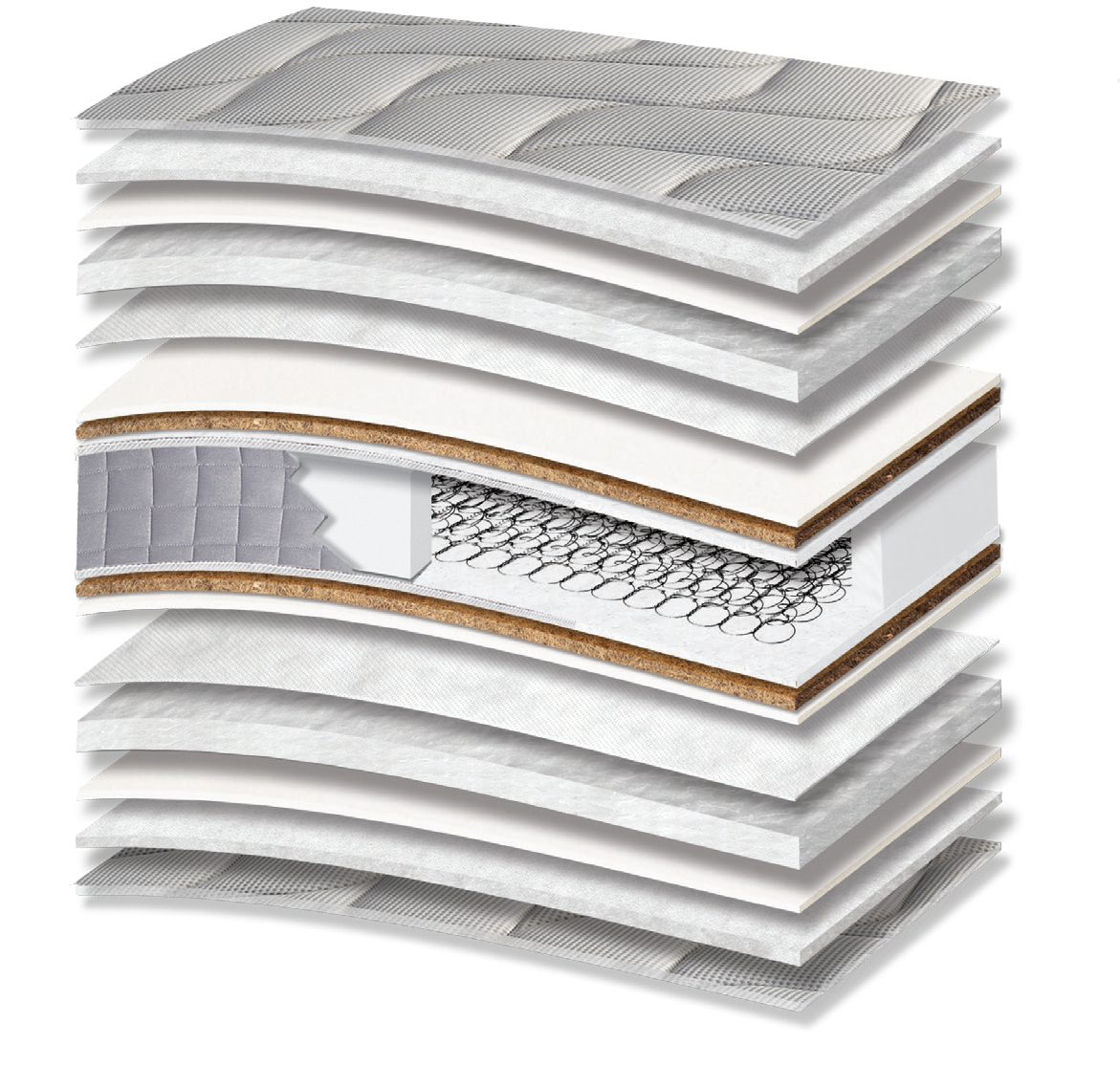709 Filoxenia Milano Extra Plus Coco: 17-layer cutaway. Materials: cover fabric, polyester wadding, foam, polycotton wadding, non-woven, latex-bonded coir, Kevlar and Bonnell springs. The illustration includes beige tones. coir for stability. The interconnected spring core provides continuous orthopaedic support for the body. Overall feel: very firm.