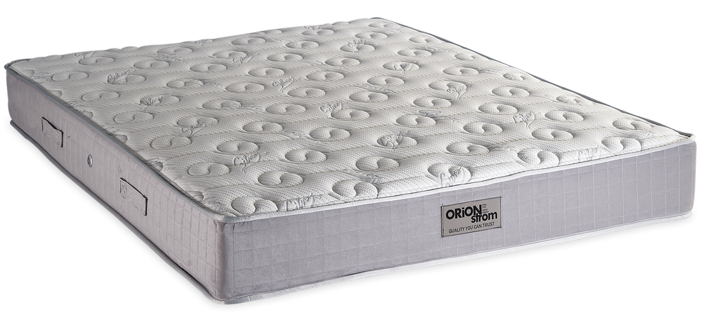 725 Filoxenia Silver Cotton HR — Angled view: white top with circular quilting and a grey border. Feel: medium-firm. Orthopaedic mattress.