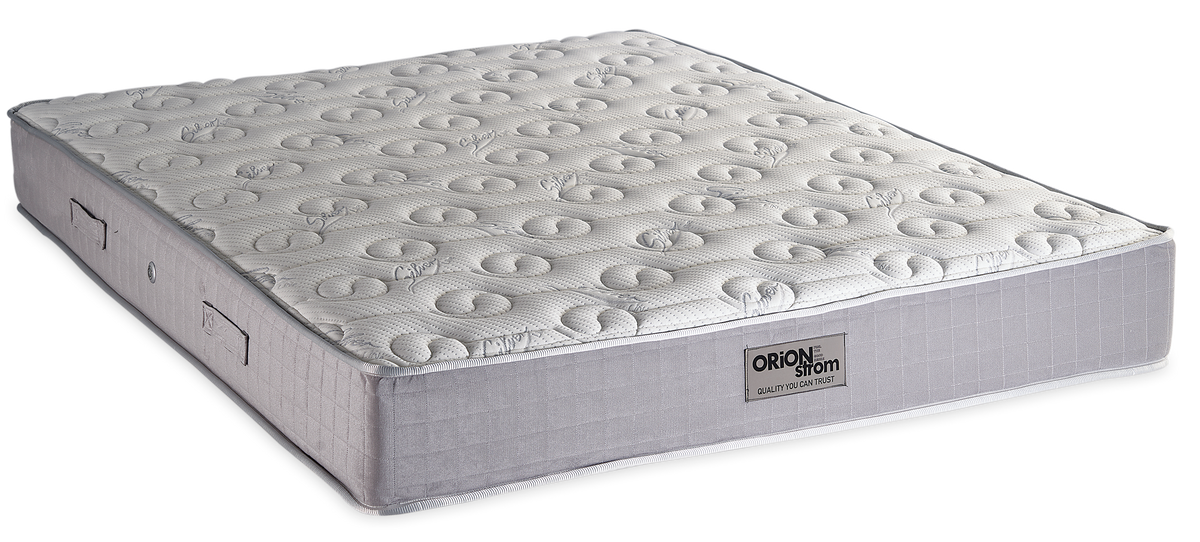 728 Filoxenia Silver Cotton Extra Latex — Angled view: white top with circular quilting and a grey border. Feel: medium. Orthopaedic mattress.