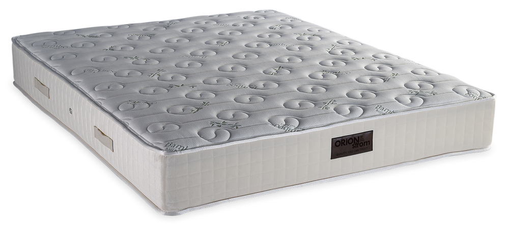 745 Filoxenia Bamboo Cotton Wool Memory Gel HR — Angled view: light-coloured quilted top with circular motifs and stitched edges. Feel: medium. Orthopaedic mattress.