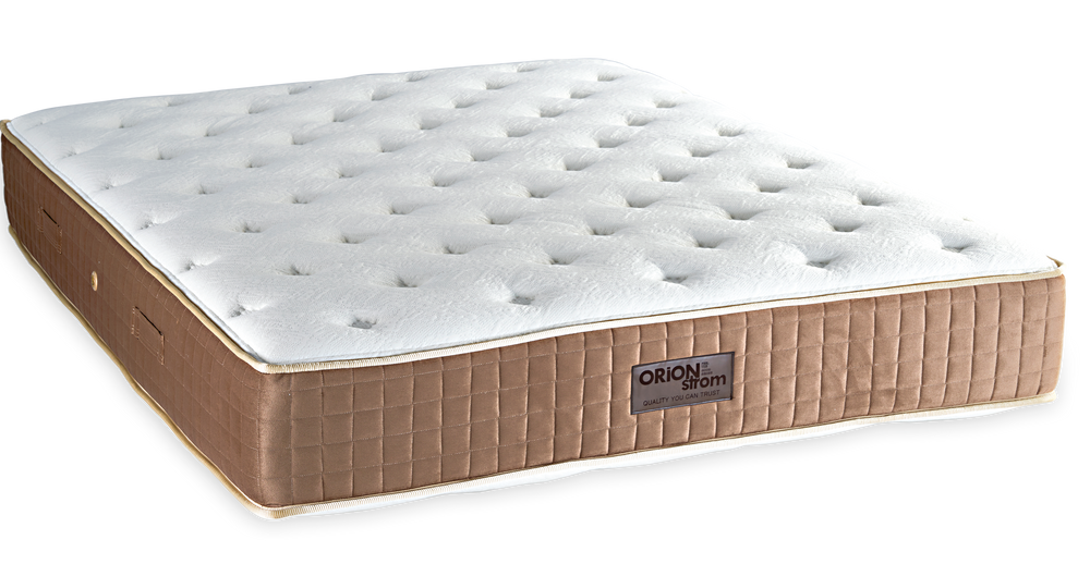 749 Filoxenia Space Memory Plus — Angled view: white deeply quilted top and a brown border with vertical stitching. Feel: medium-soft. Orthopaedic mattress.