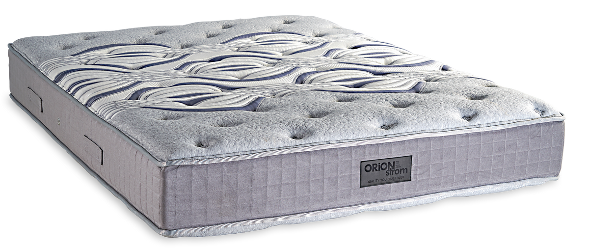752 Filoxenia Dream Memory HR — Angled view: white textured quilting and a grey fabric border with vertical stitching. Feel: medium-soft. Orthopaedic mattress.