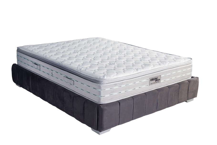 7603 Filoxenia Silver Hyper Soft HR Pillowtop High Pocket — Angled view: white quilted mattress shown on a dark upholstered base. Feel: soft. Anatomical mattress.