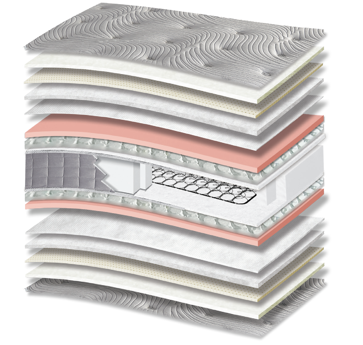 762 Filoxenia Hypnos Cotton Latex Memory Gel Tablet: 17-layer cutaway. Materials: cover fabric, cotton wadding, latex, polyester wadding, non-woven, Memory Gel, Tablet micro-springs, Kevlar and Bonnell springs. The illustration includes pink tones. Memory Gel for body contouring; latex for elastic response. The interconnected spring core provides continuous orthopaedic support for the body. Overall feel: medium.