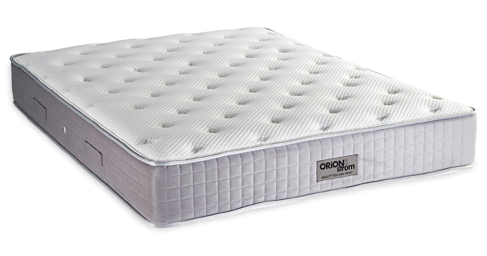 769 Filoxenia Platinum Cotton Latex Wool Afrolatex Coco Mini Bonnell — Angled view: white textured quilting and a grey fabric border with vertical stitching. Feel: medium. Orthopaedic mattress.