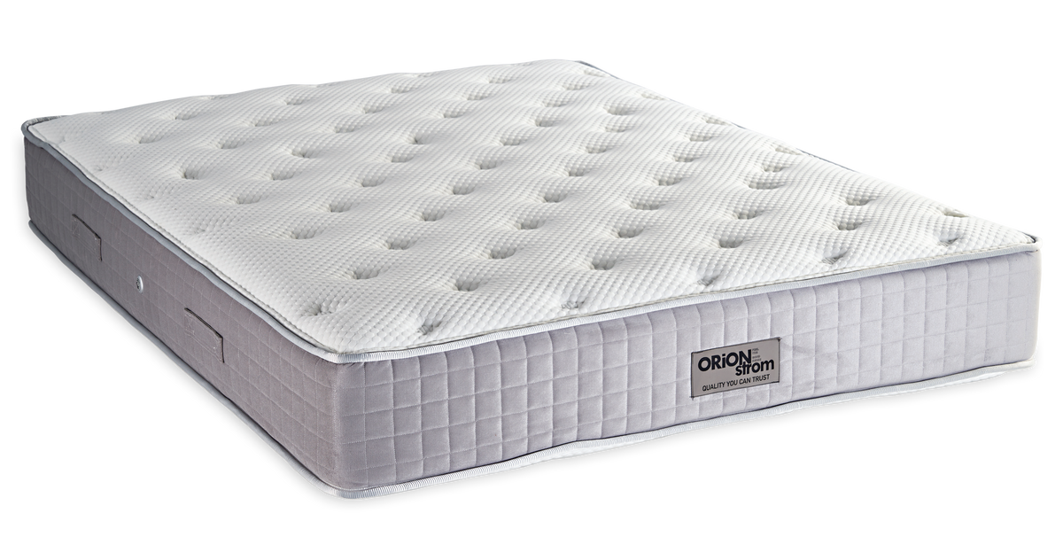 772 Filoxenia Platinum Cotton Extra Latex Wool Polo Mini Bonnell — Angled view: white textured quilting and a grey fabric border with vertical stitching. Feel: medium-soft. Orthopaedic mattress.