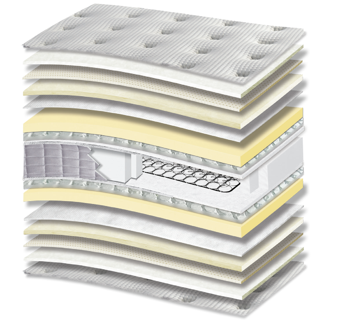 771 Filoxenia Platinum Cotton Latex Wool Afrolatex Tablet Mini Bonnell: 17-layer cutaway. Materials: cover fabric, cotton wadding, latex, wool wadding, non-woven, Afrolatex, Tablet micro-springs, Kevlar and low-profile Bonnell springs. The illustration includes beige tones. latex for elastic response. The interconnected spring core provides continuous orthopaedic support for the body. Overall feel: medium-soft.
