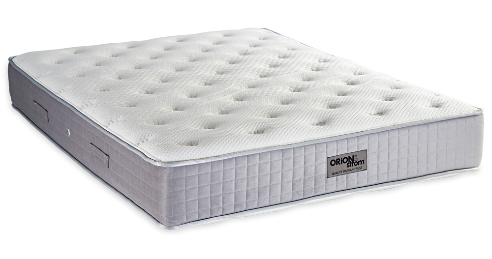 773 Filoxenia Absolut Cotton Latex Wool Memory Gel Tablet Mini Bonnell — Angled view: white textured quilting and a grey fabric border with vertical stitching. Feel: soft. Orthopaedic mattress.