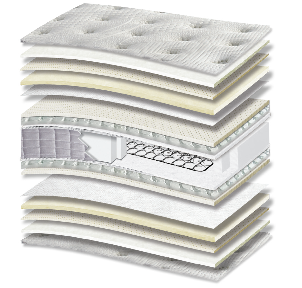 774 Filoxenia Absolut Cotton Wool Extra Latex Tablet Mini Bonnell: 17-layer cutaway. Materials: cover fabric, cotton wadding, latex, wool wadding, Tablet micro-springs, Kevlar and low-profile Bonnell springs. The illustration includes beige tones. latex for elastic response. The interconnected spring core provides continuous orthopaedic support for the body. Overall feel: soft.