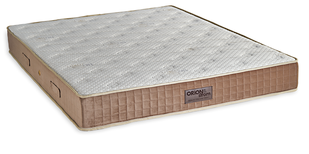 791 Filoxenia Bio Cotton HR Pocket — Angled view: white deeply quilted top and a brown border with vertical stitching. Feel: medium-firm. Anatomical mattress.