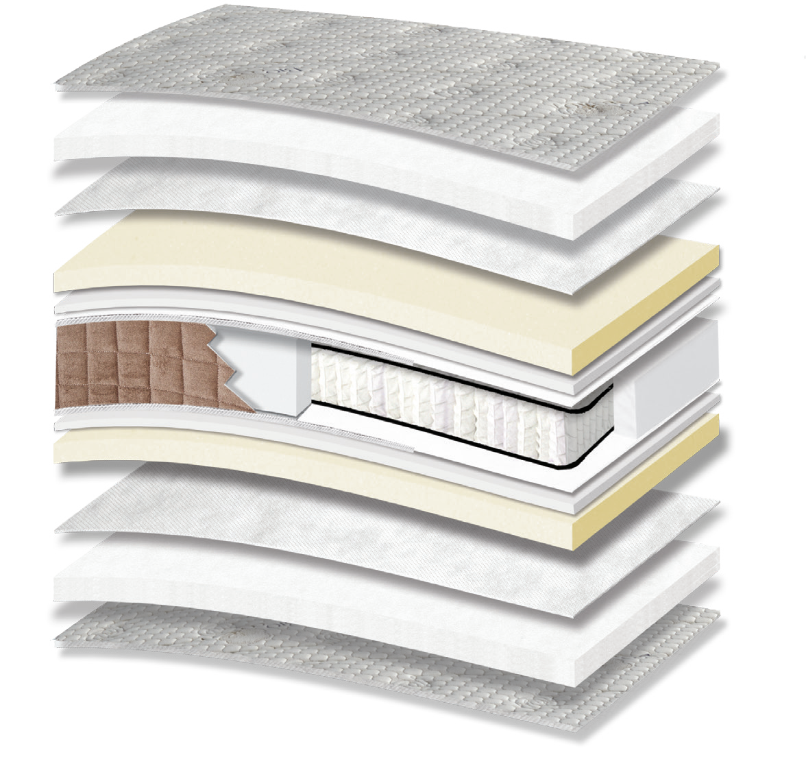 792 Filoxenia Bio Cotton Hyper Soft Plus Pocket: 13-layer cutaway. Materials: cover fabric, cotton wadding, non-woven, foam, Kevlar, individually wrapped pocket springs and Hyper Soft foam. The illustration includes beige tones. Hyper Soft for a soft feel. The individually wrapped springs provide anatomical support, following body contours. Overall feel: medium-soft.