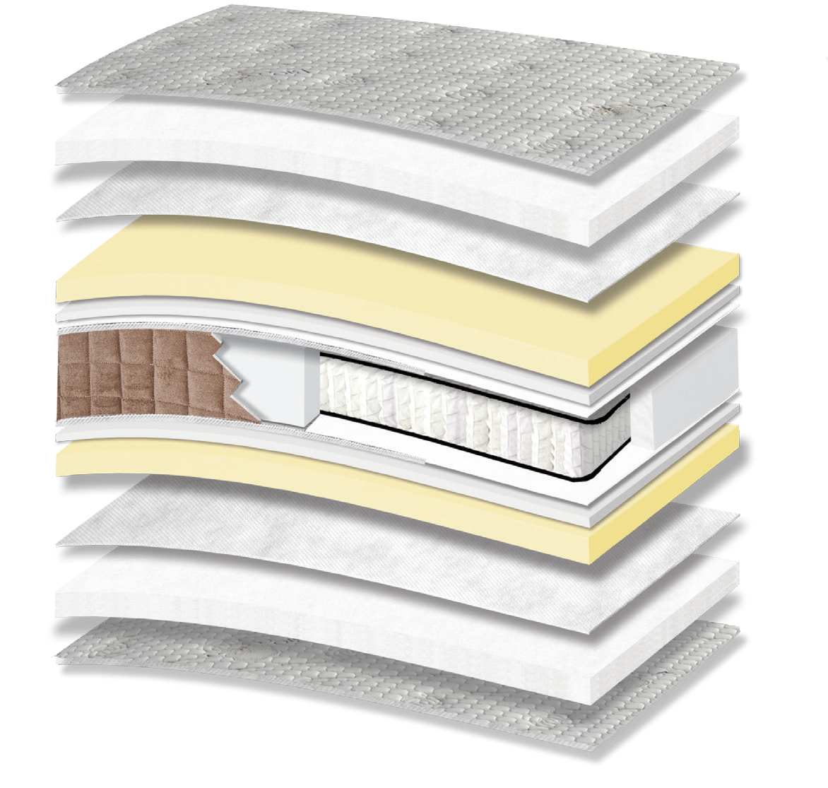 793 Filoxenia Bio Cotton Afrolatex Plus Pocket: 13-layer cutaway. Materials: cover fabric, cotton wadding, non-woven, Afrolatex, foam, Kevlar and individually wrapped pocket springs. The illustration includes beige tones. The upholstery forms the comfort surface. The individually wrapped springs provide anatomical support, following body contours. Overall feel: medium.