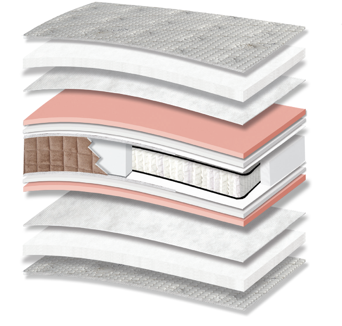 795 Filoxenia Bio Cotton Memory Gel Plus Pocket: 13-layer cutaway. Materials: cover fabric, cotton wadding, non-woven, Memory Gel, foam, Kevlar and individually wrapped pocket springs. The illustration includes pink and beige tones. Memory Gel for body contouring. The individually wrapped springs provide anatomical support, following body contours. Overall feel: medium.