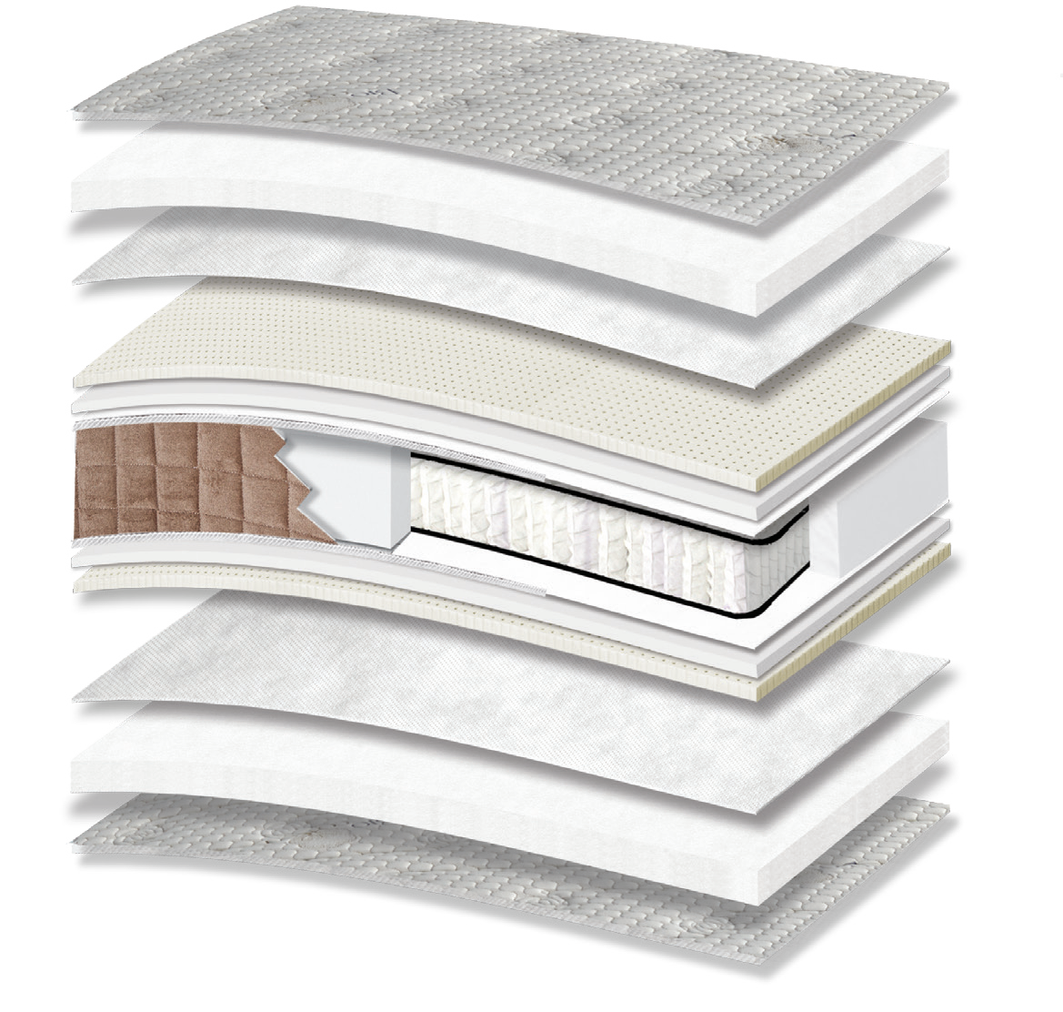 796 Filoxenia Bio Cotton Latex Plus Pocket: 13-layer cutaway. Materials: cover fabric, cotton wadding, non-woven, latex, foam, Kevlar and individually wrapped pocket springs. The illustration includes beige tones. latex for elastic response. The individually wrapped springs provide anatomical support, following body contours. Overall feel: medium.