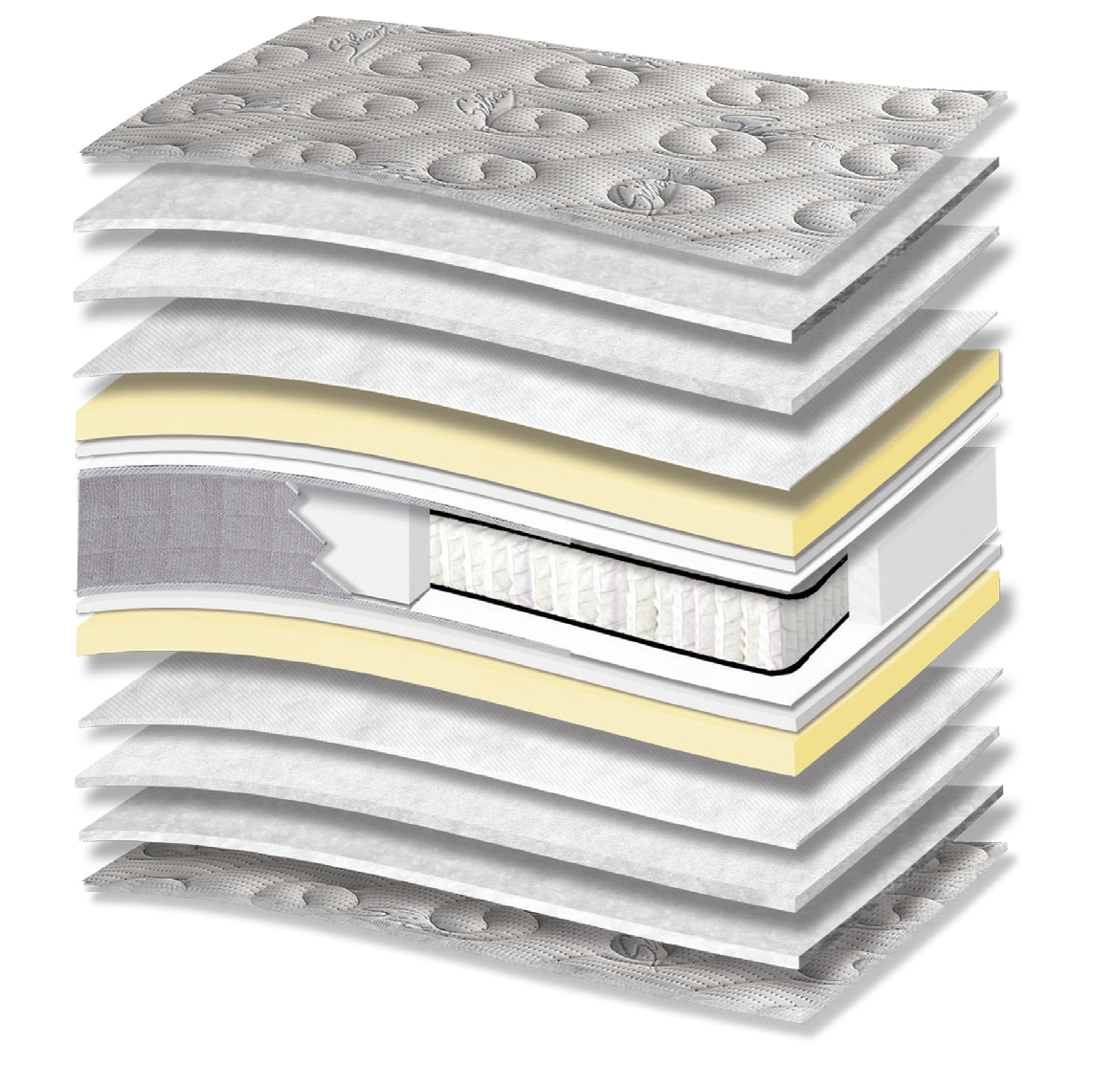 806 Filoxenia Silver Cotton Afrolatex Plus Pocket: 15-layer cutaway. Materials: cover fabric, cotton wadding, polyester wadding, non-woven, Afrolatex, foam, Kevlar and individually wrapped pocket springs. The illustration includes beige tones. The upholstery forms the comfort surface. The individually wrapped springs provide anatomical support, following body contours. Overall feel: medium.