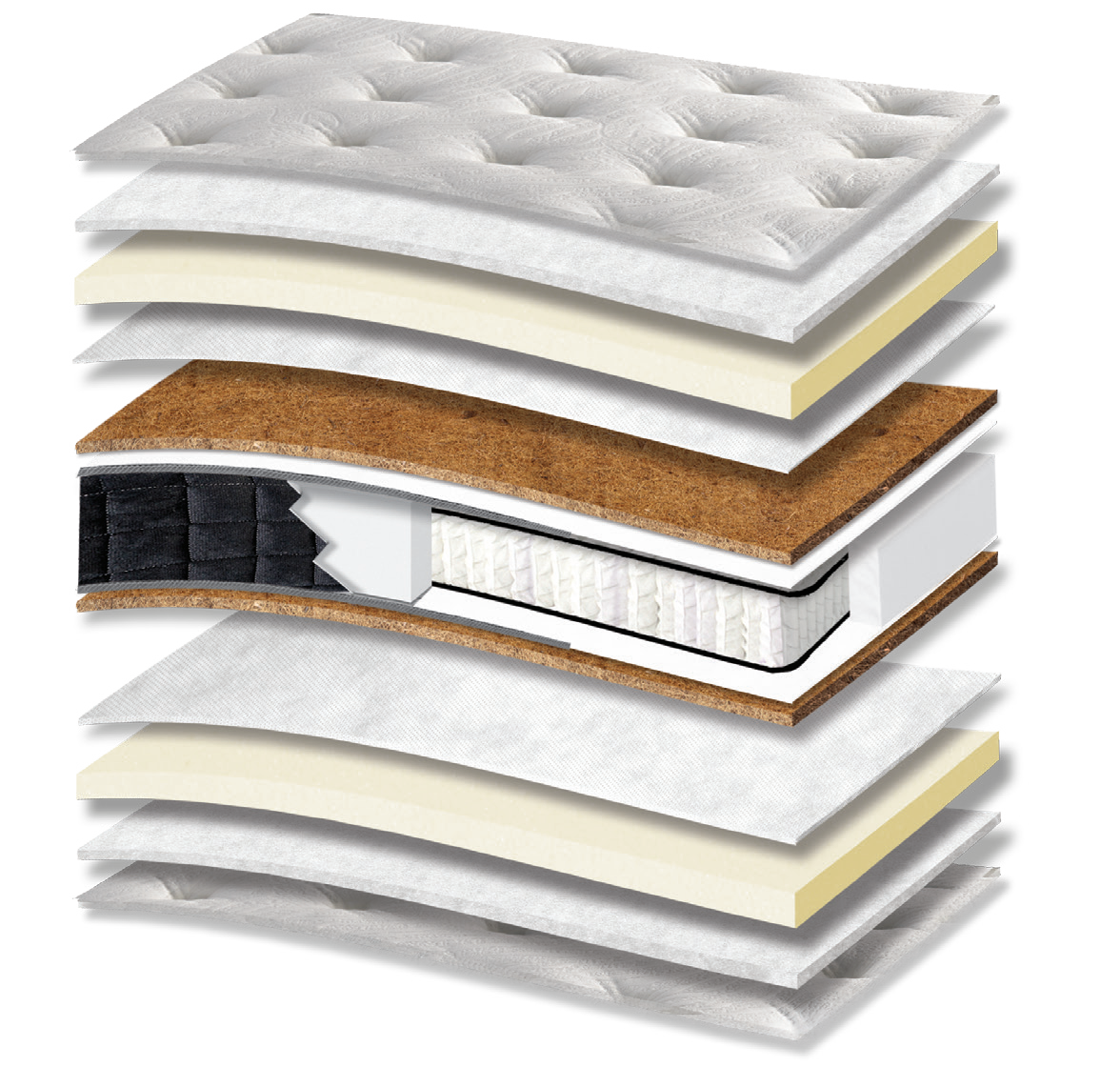 816 Filoxenia Silk Cool Max Hyper Soft Coco Pocket: 13-layer cutaway. Materials: cover fabric, polyester wadding, foam, non-woven, latex-bonded coir, Kevlar, individually wrapped pocket springs and Hyper Soft foam. The illustration includes beige tones. Hyper Soft for a soft feel; coir for stability. The individually wrapped springs provide anatomical support, following body contours. Overall feel: medium.