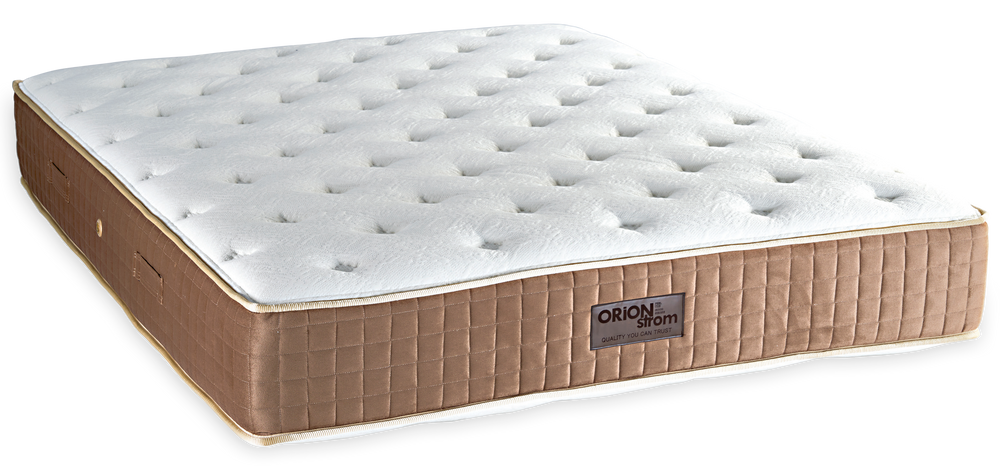 830 Filoxenia Space Memory Hyper Soft Pocket — Angled view: white deeply quilted top and a brown border with vertical stitching. Feel: very soft. Anatomical mattress.