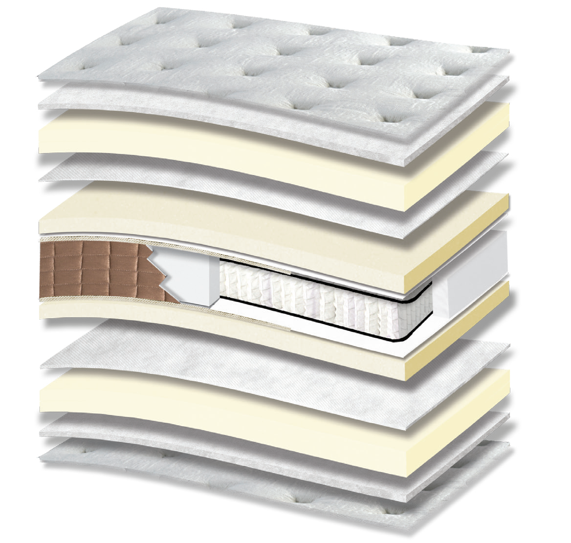 830 Filoxenia Space Memory Hyper Soft Pocket: 13-layer cutaway. Materials: cover fabric, polyester wadding, memory foam, non-woven, foam, Kevlar, individually wrapped pocket springs and Hyper Soft foam. The illustration includes beige tones. Memory for body contouring; Hyper Soft for a soft feel. The individually wrapped springs provide anatomical support, following body contours. Overall feel: very soft.