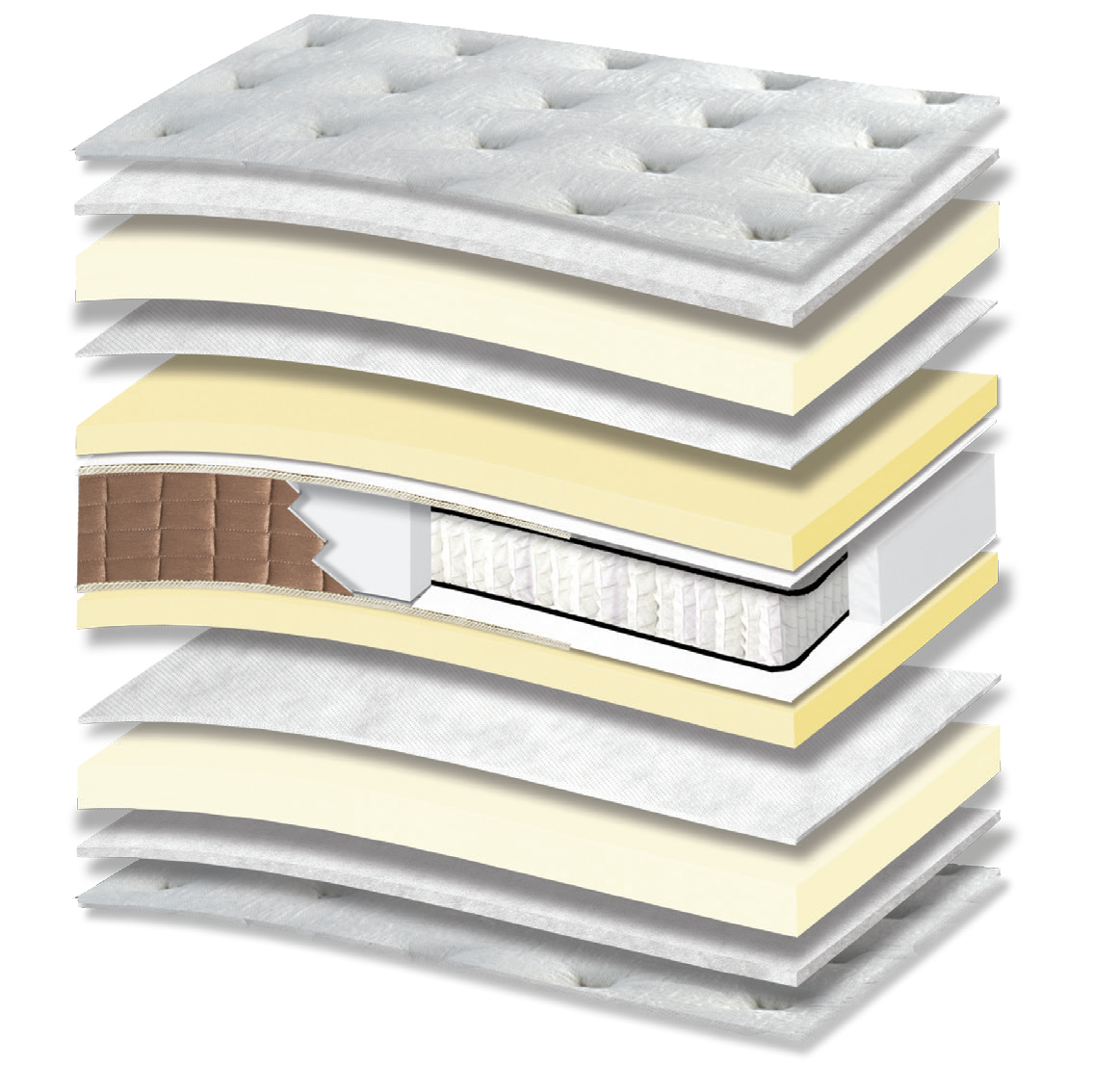 831 Filoxenia Space Memory Afrolatex Pocket: 13-layer cutaway. Materials: cover fabric, polyester wadding, memory foam, non-woven, Afrolatex, Kevlar and individually wrapped pocket springs. The illustration includes beige tones. Memory for body contouring. The individually wrapped springs provide anatomical support, following body contours. Overall feel: soft.