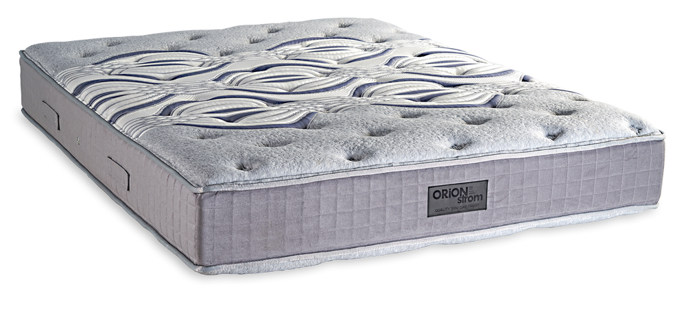 832 Filoxenia Dream Memory HR Pocket — Angled view: white textured quilting and a grey fabric border with vertical stitching. Feel: soft. Anatomical mattress.