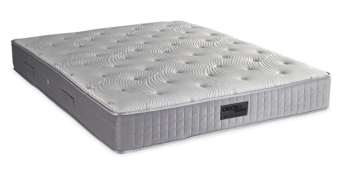 839 Filoxenia Hypnos Cotton Latex HR Orion Zone Pocket — Angled view: white textured quilting and a grey fabric border with vertical stitching. Feel: medium-firm. Anatomical mattress.