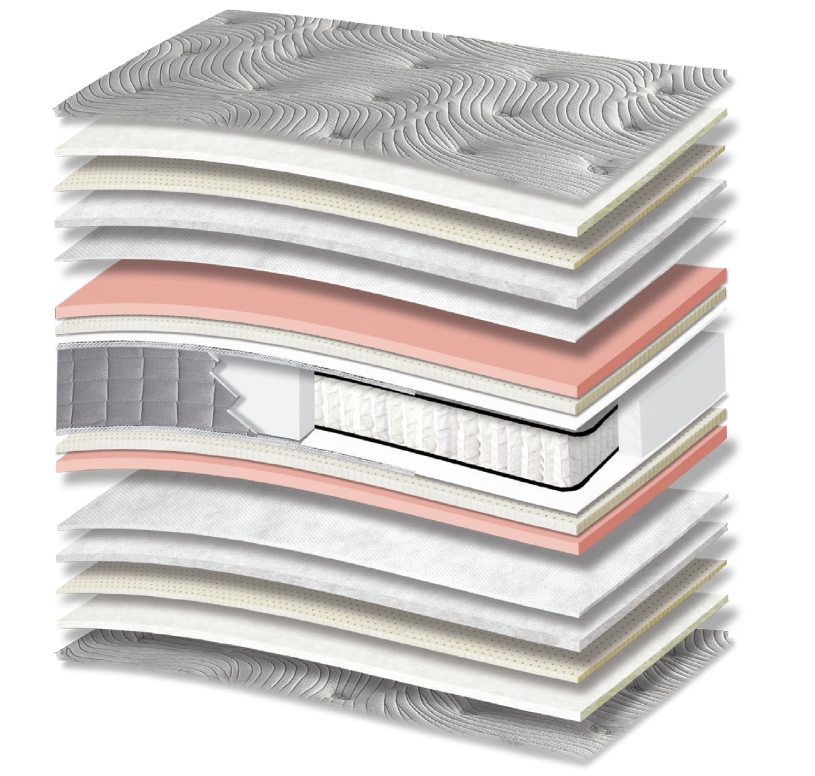 841 Filoxenia Hypnos Cotton Extra Latex Memory Gel Orion Zone Pocket: 17-layer cutaway. Materials: cover fabric, cotton wadding, latex, polyester wadding, non-woven, Memory Gel, Kevlar and zoned pocket springs. The illustration includes pink tones. Memory Gel for body contouring; latex for elastic response. The individually wrapped springs provide anatomical support, following body contours. Overall feel: medium.