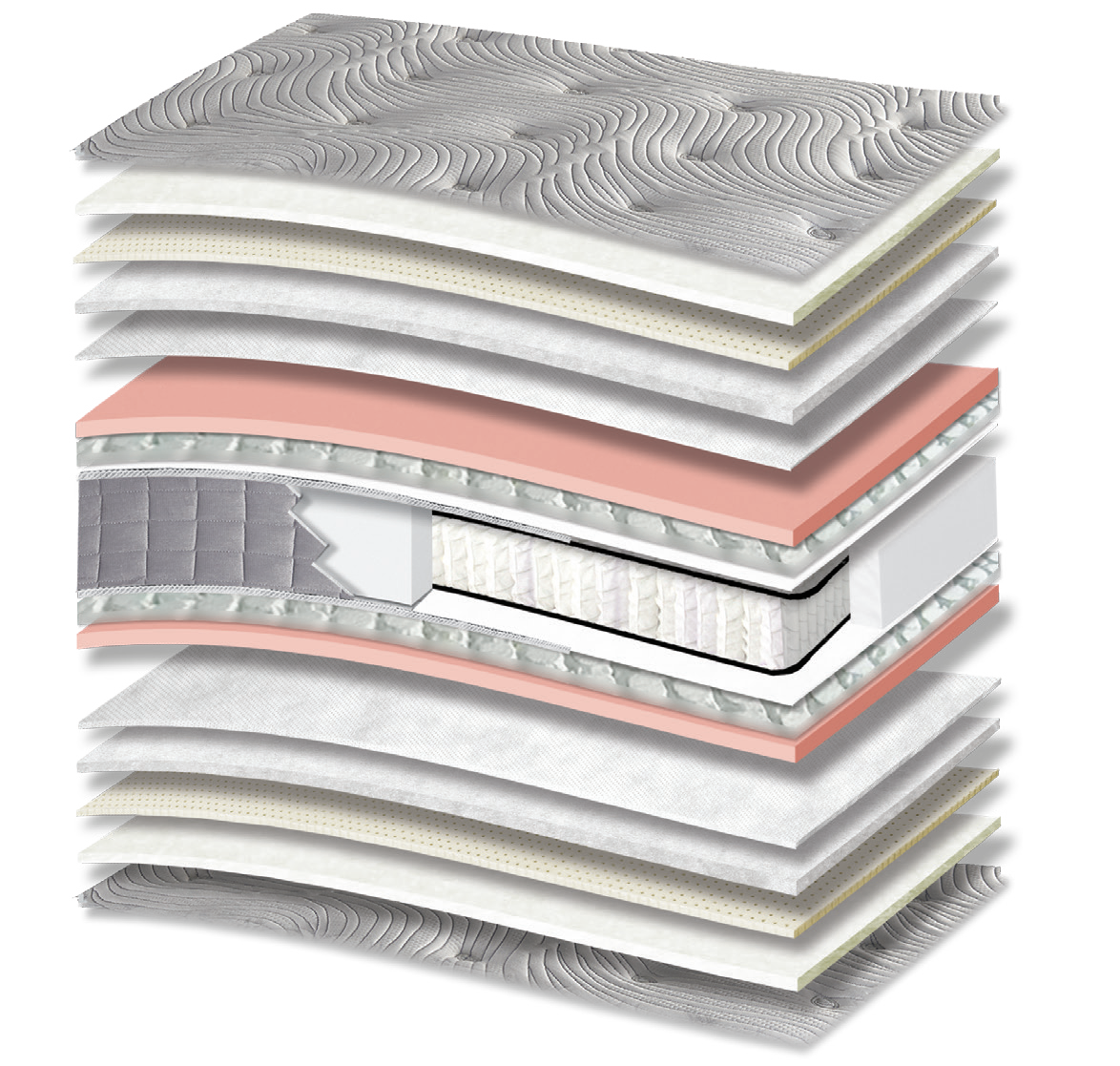 842 Filoxenia Hypnos Cotton Latex Memory Gel Tablet Orion Zone Pocket: 17-layer cutaway. Materials: cover fabric, cotton wadding, latex, polyester wadding, non-woven, Memory Gel, Tablet micro-springs, Kevlar and zoned pocket springs. The illustration includes pink tones. Memory Gel for body contouring; latex for elastic response. The individually wrapped springs provide anatomical support, following body contours. Overall feel: medium.