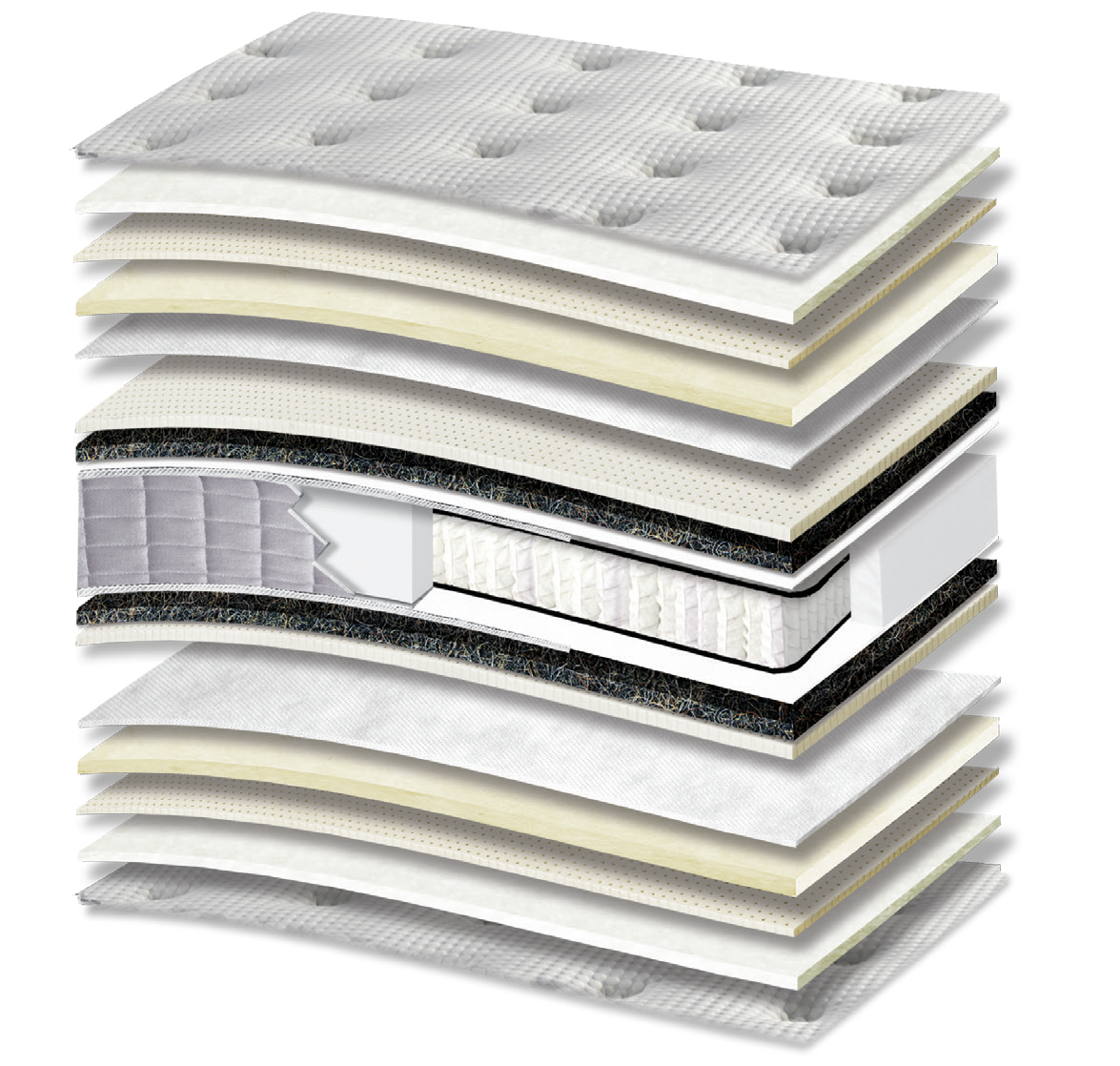 852 Filoxenia Platinum Cotton Extra Latex Wool Polo Orion Zone Pocket: 17-layer cutaway. Materials: cover fabric, cotton wadding, latex, wool wadding, non-woven, horsehair felt, Kevlar and zoned pocket springs. The illustration includes beige tones. latex for elastic response. The individually wrapped springs provide anatomical support, following body contours. Overall feel: medium.