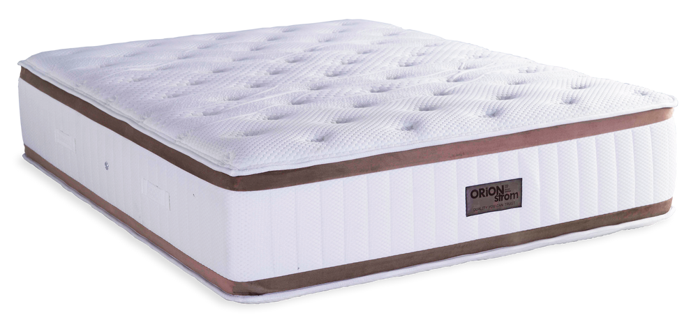 861 Filoxenia Absolut Cotton Latex Wool HR Double Pocket — Angled view: white quilted top with brown edge bands and vertical side stitching. Feel: medium. Anatomical mattress.