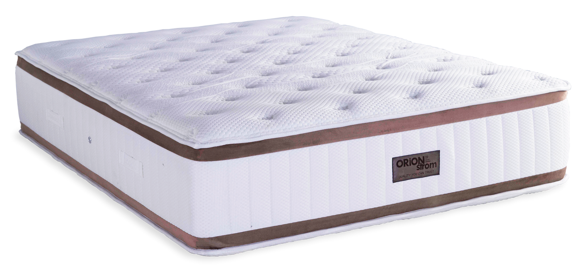 862 Filoxenia Absolut Cotton Royal Latex Wool Double Pocket — Angled view: white quilted top with brown edge bands and vertical side stitching. Feel: medium. Anatomical mattress.
