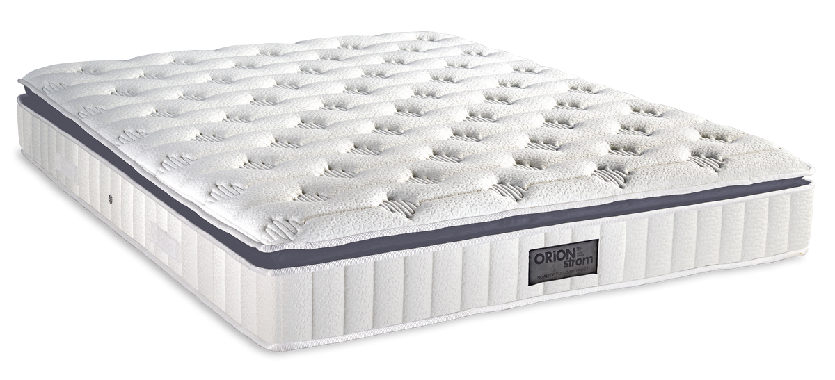 869 Filoxenia Energy Special Memory Tablet Pocket G-Pillowtop — Angled view: white quilted surface and dark-grey edging above a vertically stitched white border. Feel: very soft. Anatomical mattress.
