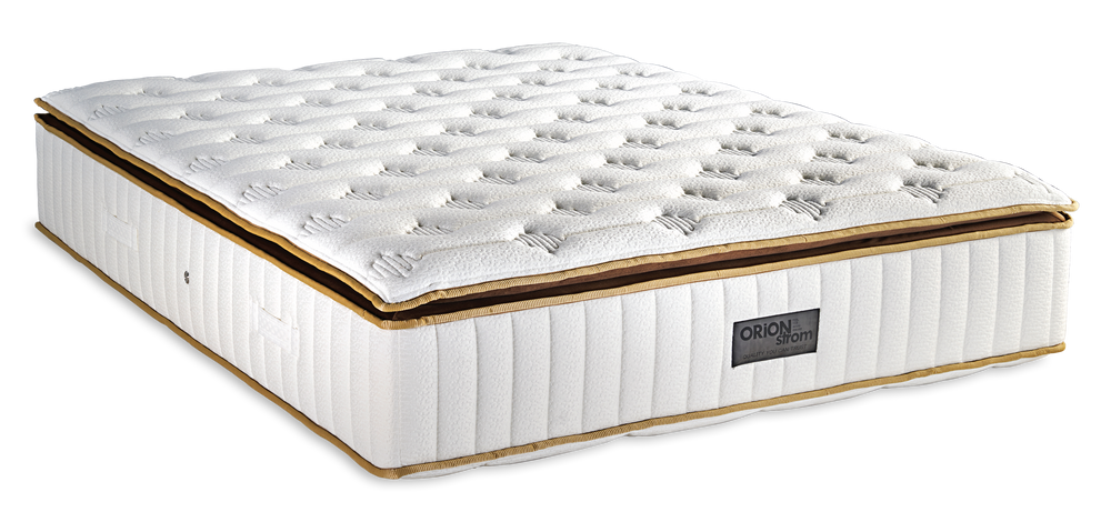 871 Filoxenia Energy Special Hyper Soft Double Pocket G-Pillowtop — Angled view: white quilted top with gold-coloured and black edging. Feel: medium-soft. Anatomical mattress.