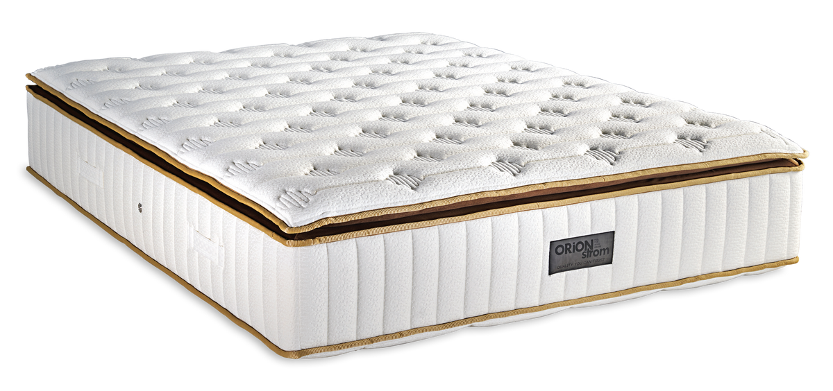 872 Filoxenia Energy Special Memory Double Pocket G-Pillowtop — Angled view: white quilted top with gold-coloured and black edging. Feel: soft. Anatomical mattress.